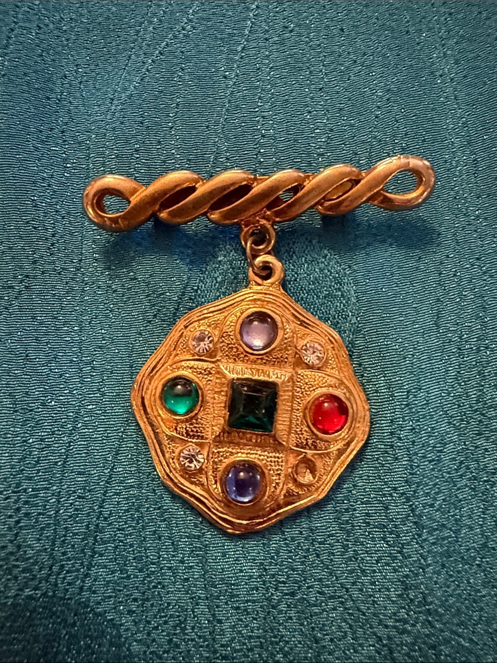 Gold-Tone Multi-Gem Vintage-Style Pendant Brooch - Green, Red, Blue Accents